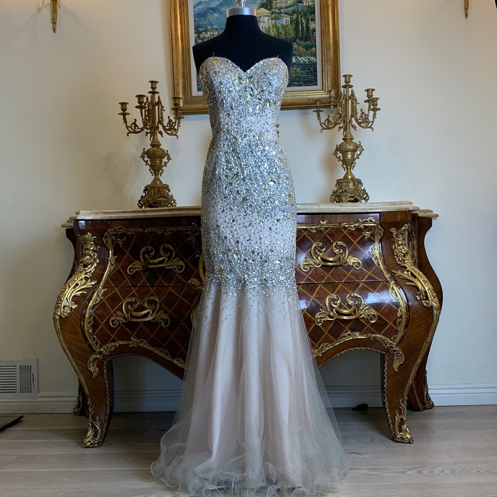 Meier collection rhinestone beaded mermaid formal prom dress